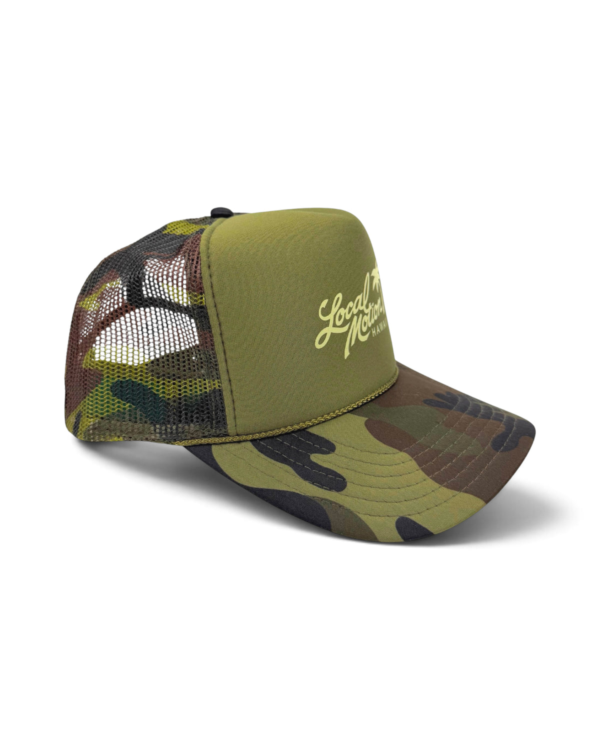 Olive camo Original Classic foamy trucker hat, side view showing the mesh back