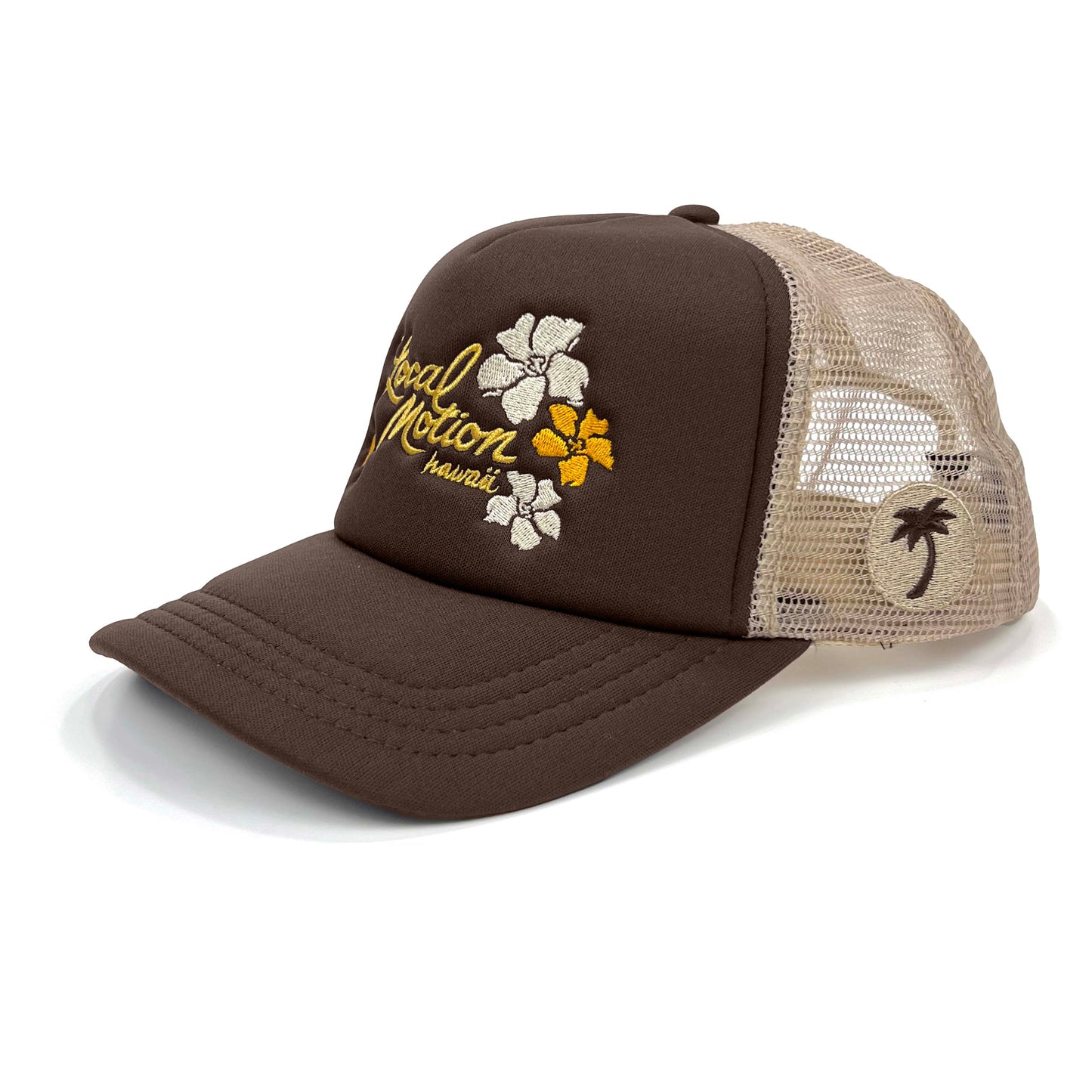 Brown trucker cap with floral embroidery and mesh back on a white background