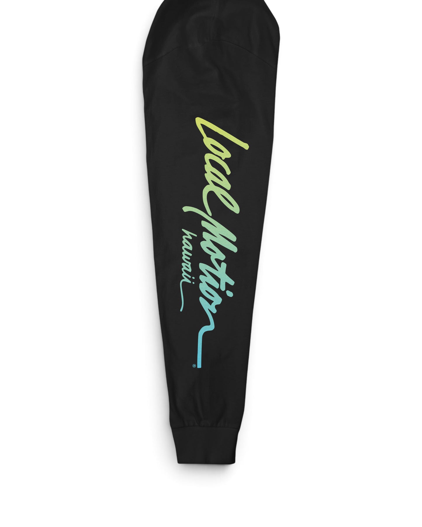 A close-up of a black sleeve or arm warmers featuring a vertical graphic print