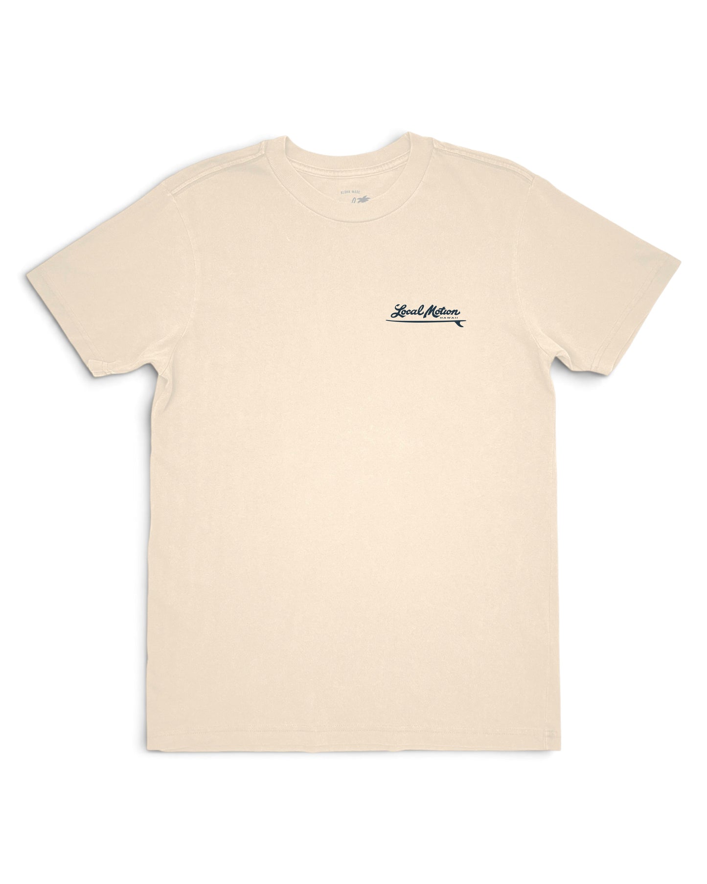 A cream-colored short-sleeve crewneck t-shirt with a small navy blue logo [parchment]