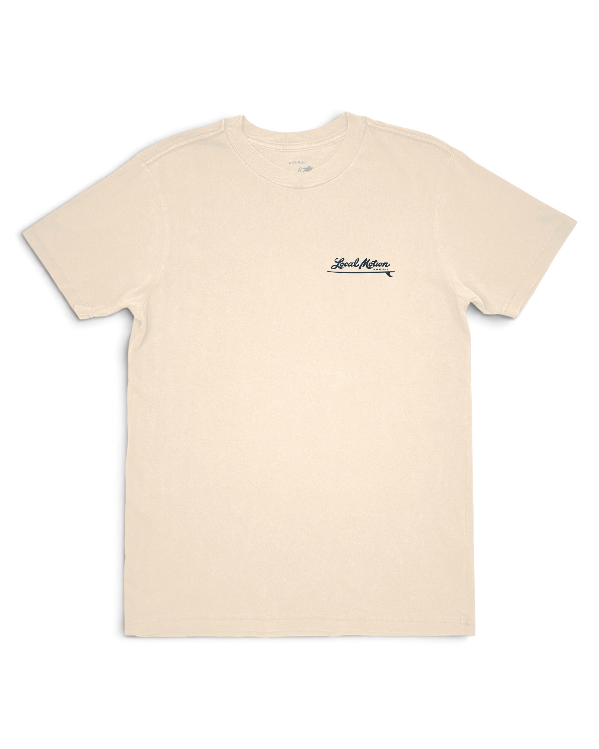 A cream-colored short-sleeve crewneck t-shirt with a small navy blue logo [parchment]
