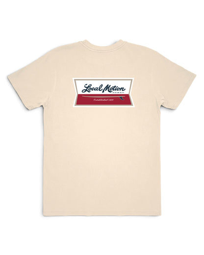 A beige crewneck t-shirt with a graphic print on the chest. [parchment]