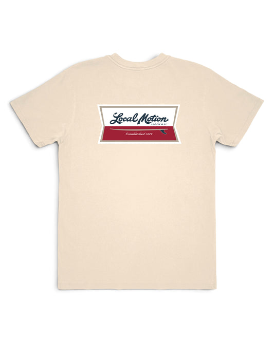 A beige crewneck t-shirt with a graphic print on the chest. [parchment]