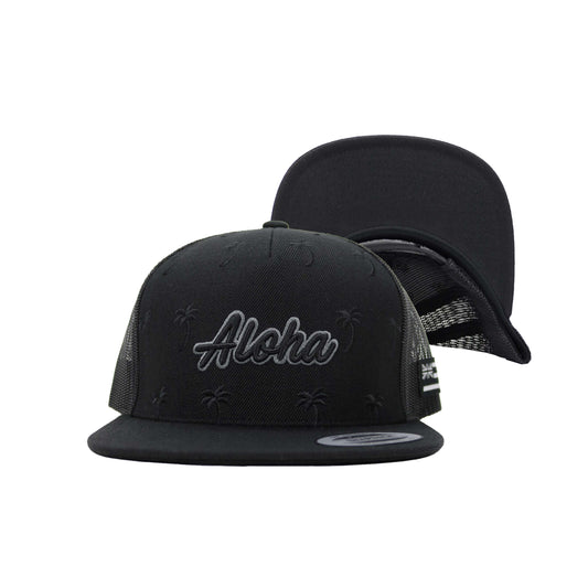 ALOHA ALL OVER TRUCKER HAT in Black - front view [black]