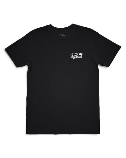 A black short-sleeve crewneck t-shirt with a small white graphic on the left chest featuring the text 'Savages Nation' and a palm tree, displayed on a clean white background. [black]