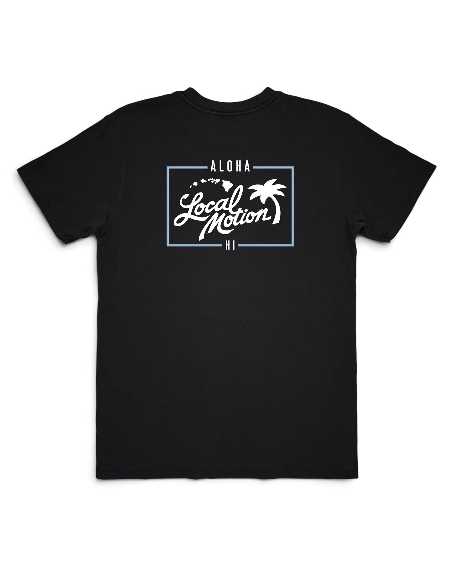 A black short-sleeve crewneck t-shirt featuring a white graphic print on the chest with the text 'ALOHA Local Motion 81' and a palm tree design, displayed against a solid white background. [black]