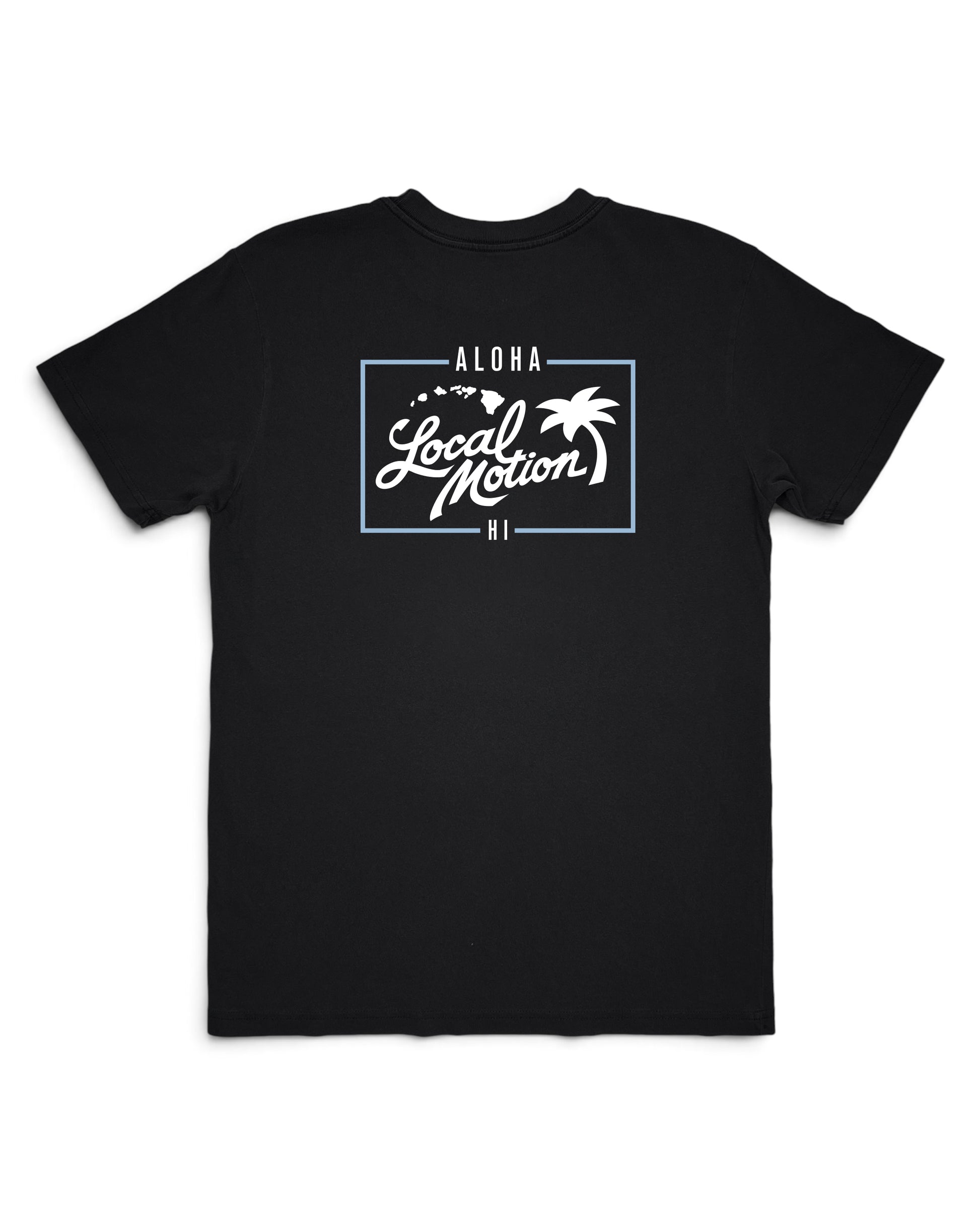 A black short-sleeve crewneck t-shirt featuring a white graphic print on the chest with the text 'ALOHA Local Motion 81' and a palm tree design, displayed against a solid white background. [black]