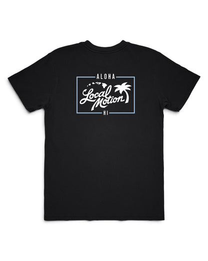 A black short-sleeve crewneck t-shirt featuring a white graphic print on the chest with the text 'ALOHA Local Motion 81' and a palm tree design, displayed against a solid white background. [black]