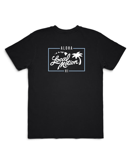 A black short-sleeve crewneck t-shirt featuring a white graphic print on the chest with the text 'ALOHA Local Motion 81' and a palm tree design, displayed against a solid white background. [black]