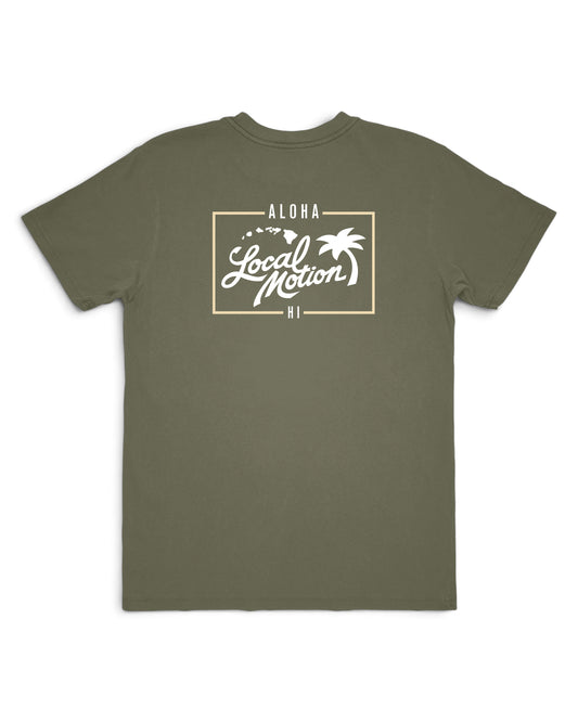 An olive green short-sleeve t-shirt with a white and gold graphic on the chest reading 'ALOHA Local Motion HI' with a palm tree design, shown against a plain white background. [moss]