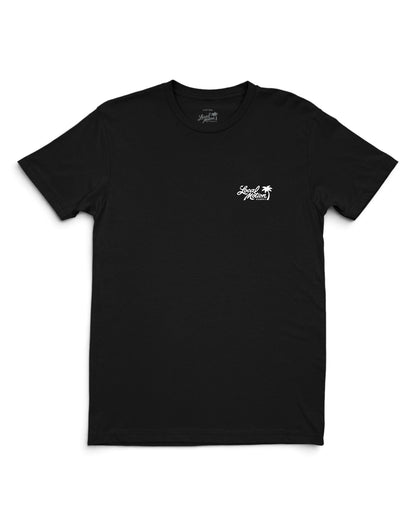 A black short-sleeve crewneck t-shirt with a small white script logo [black]