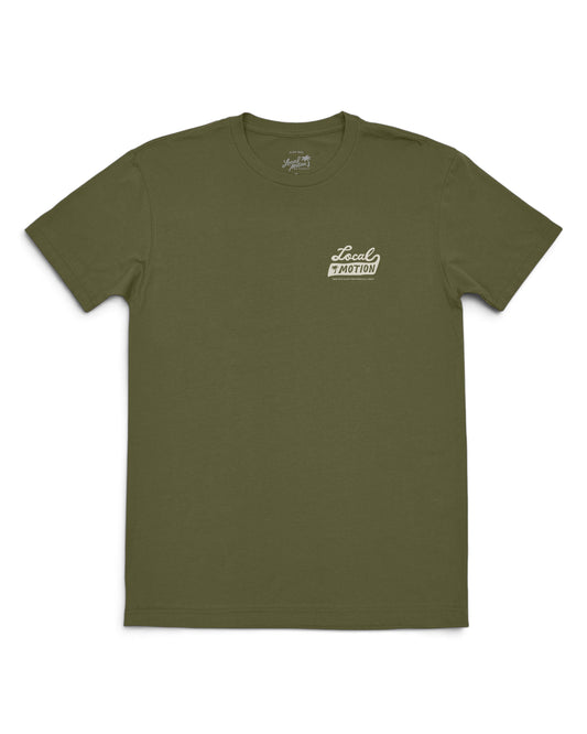 An olive green crewneck t-shirt with a small white graphic on the left chest [military green]