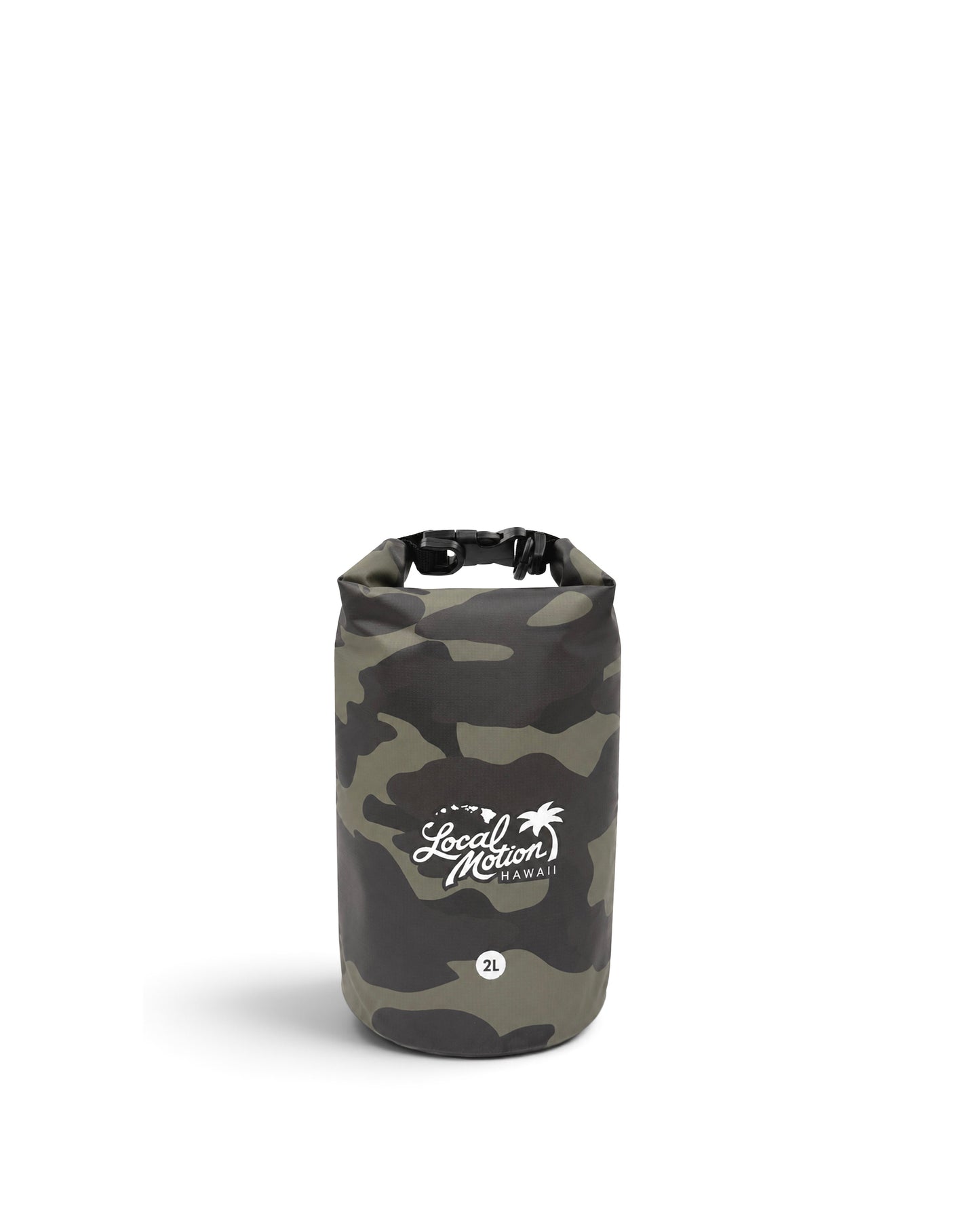 A cylindrical dry bag in a dark green and black camouflage pattern, featuring a white printed 'Local Motion' logo on the front, set against a plain white background.
