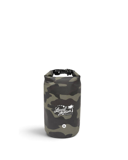 A cylindrical dry bag in a dark green and black camouflage pattern, featuring a white printed 'Local Motion' logo on the front, set against a plain white background.