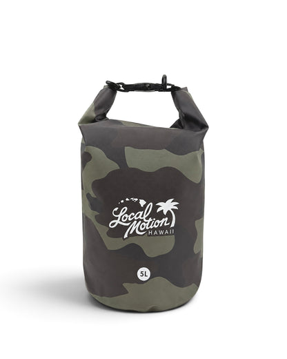 A Local Motion Hawaii dry bag backpack in a dark green and black camouflage pattern, featuring a white printed logo and a small size '5L' label on the front, set against a plain white background.