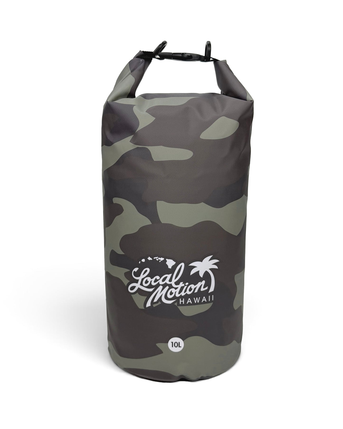 A 10L dry bag in a dark green and gray camouflage pattern, featuring the 'Local Motion Hawaii' logo on the front, set against a plain white background.