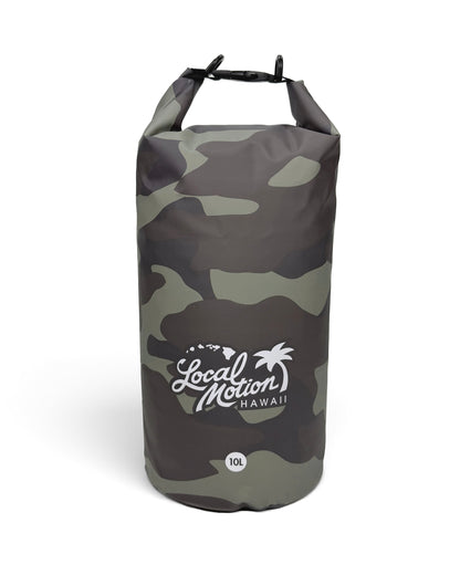 A 10L dry bag in a dark green and gray camouflage pattern, featuring the 'Local Motion Hawaii' logo on the front, set against a plain white background.