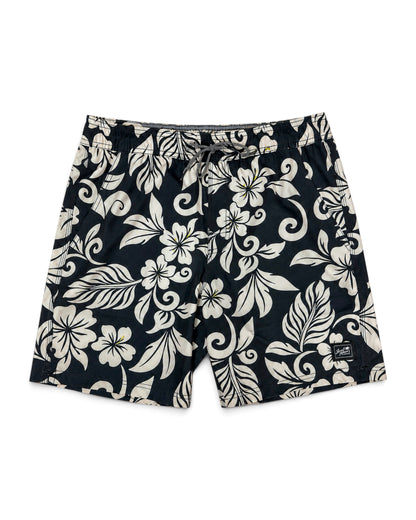 Black swim trunks with a cream floral and scroll pattern, featuring an elastic drawstring waistband [black]