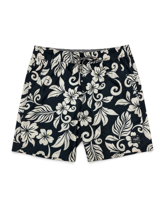Black swim trunks with a cream floral and scroll pattern, featuring an elastic drawstring waistband [black]