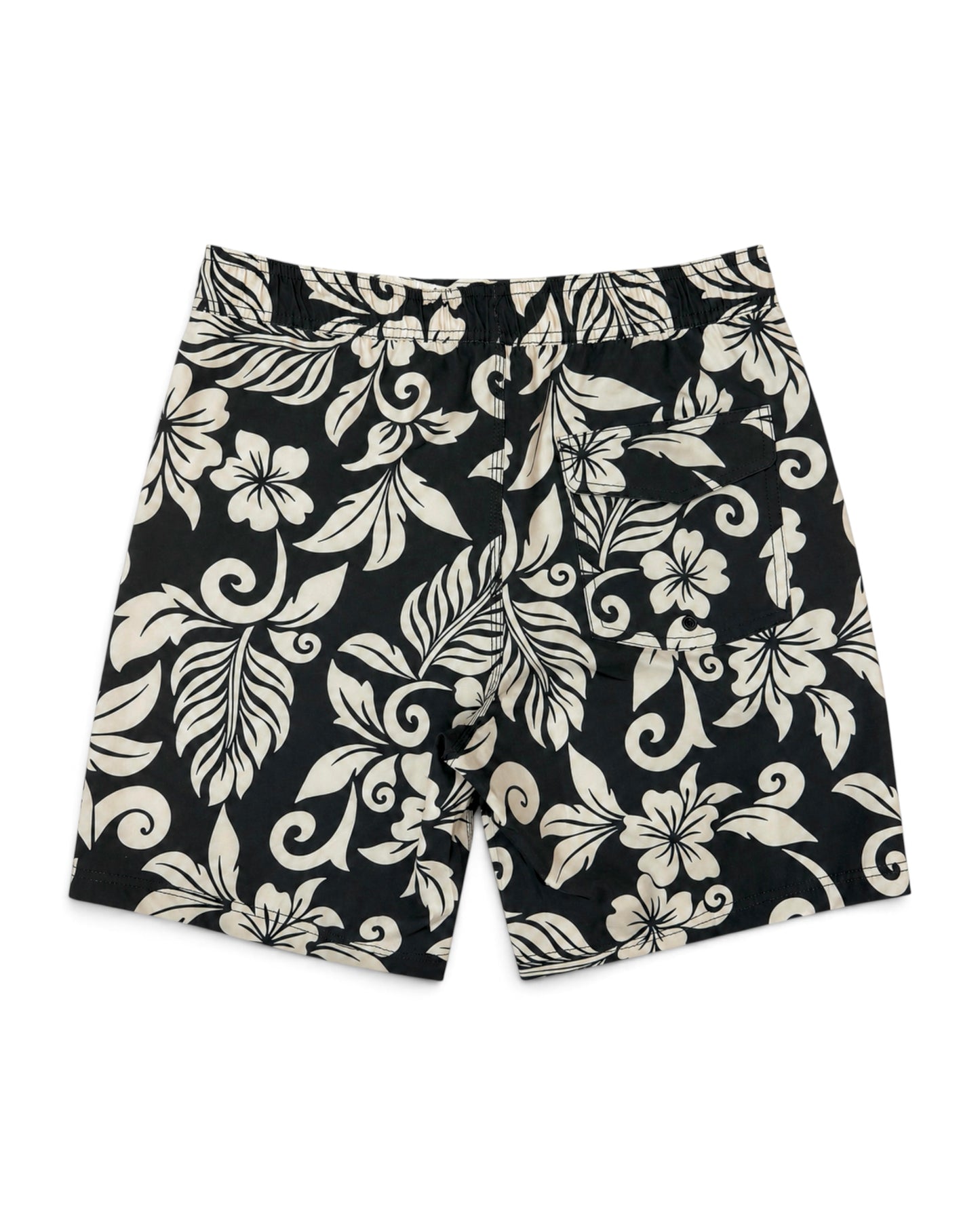 Black and cream tropical floral print swim trunks with a drawstring waist [black]