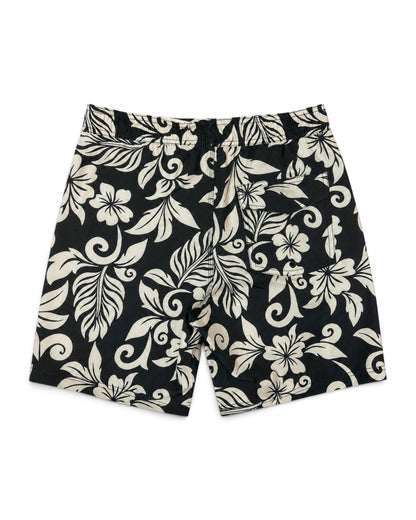 Black and cream tropical floral print swim trunks with a drawstring waist [black]