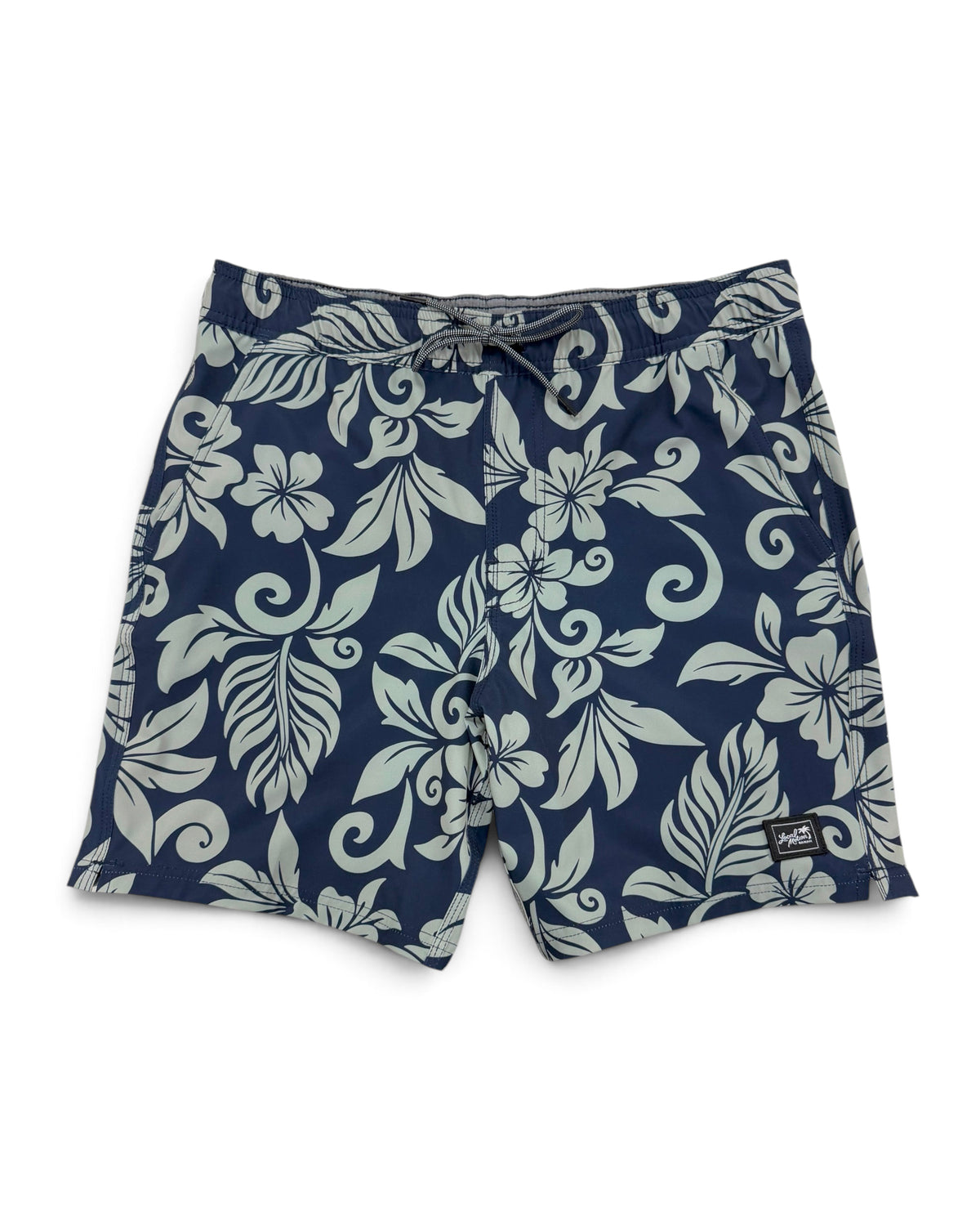 A pair of men's swim trunks featuring a navy blue and light gray floral [deep sea]