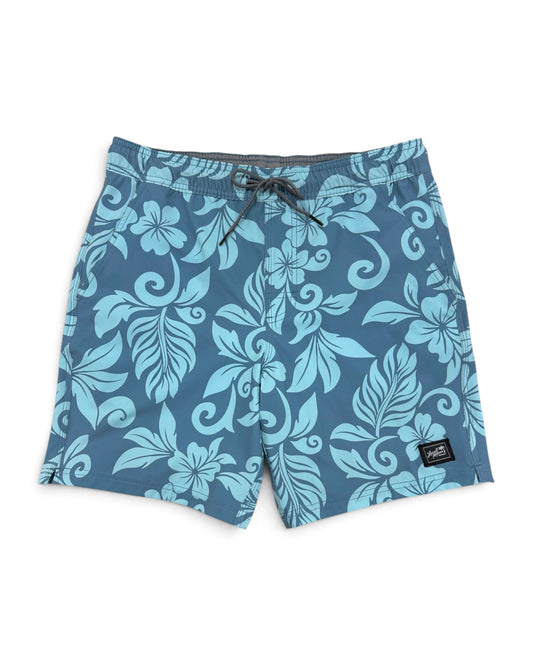 Blue and light blue floral print board shorts with a dark drawstring waist, laid flat on a white background. [pacific blue]