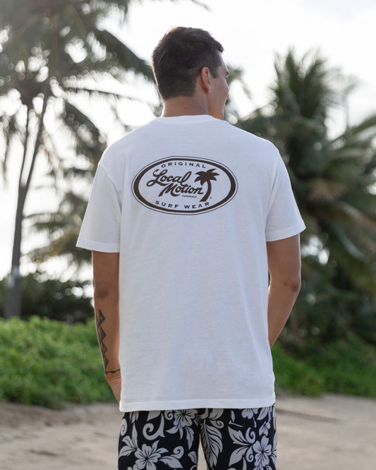 A man viewed from behind wearing a white t-shirt [vintage white]