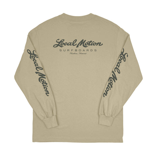 CLASSIC SURFBOARDS LONG SLEEVE TEE in Sand - back view [cream]
