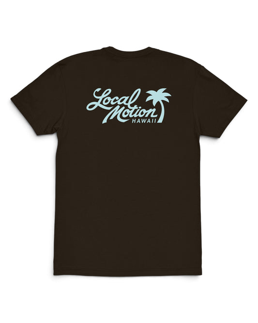 A dark brown short-sleeve t-shirt with a light blue graphic on the chest [dk chocolate]