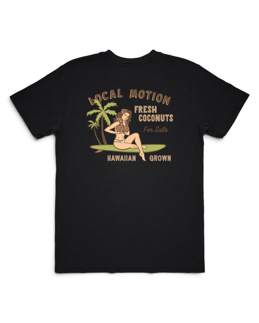 Black shirt displaying woman on surfboard holding coconuts [black]