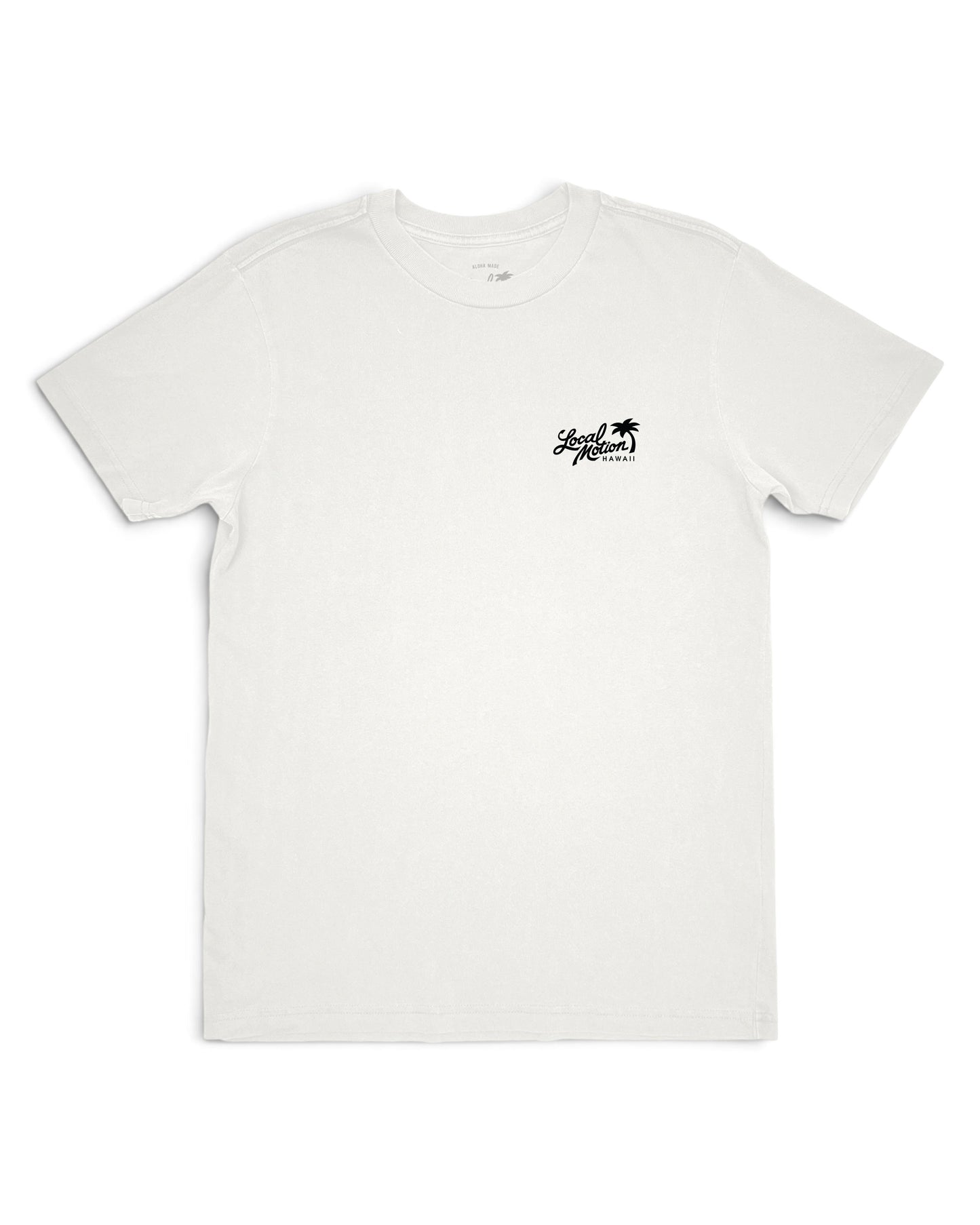 A white short-sleeve crewneck t-shirt with a small black graphic on the left chest depicting a palm tree [vintage white]