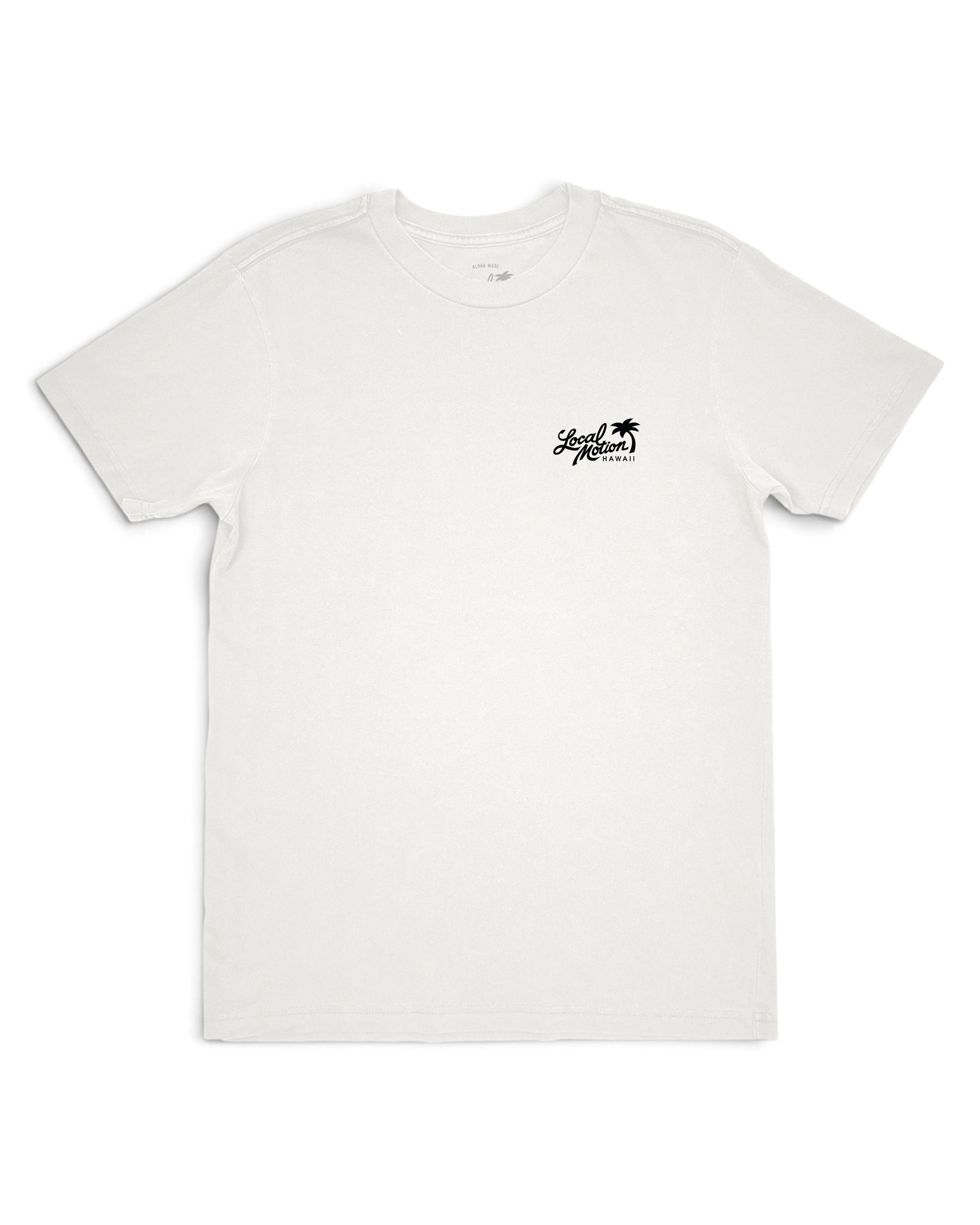 A white short-sleeve crewneck t-shirt with a small black graphic on the left chest depicting a palm tree [vintage white]