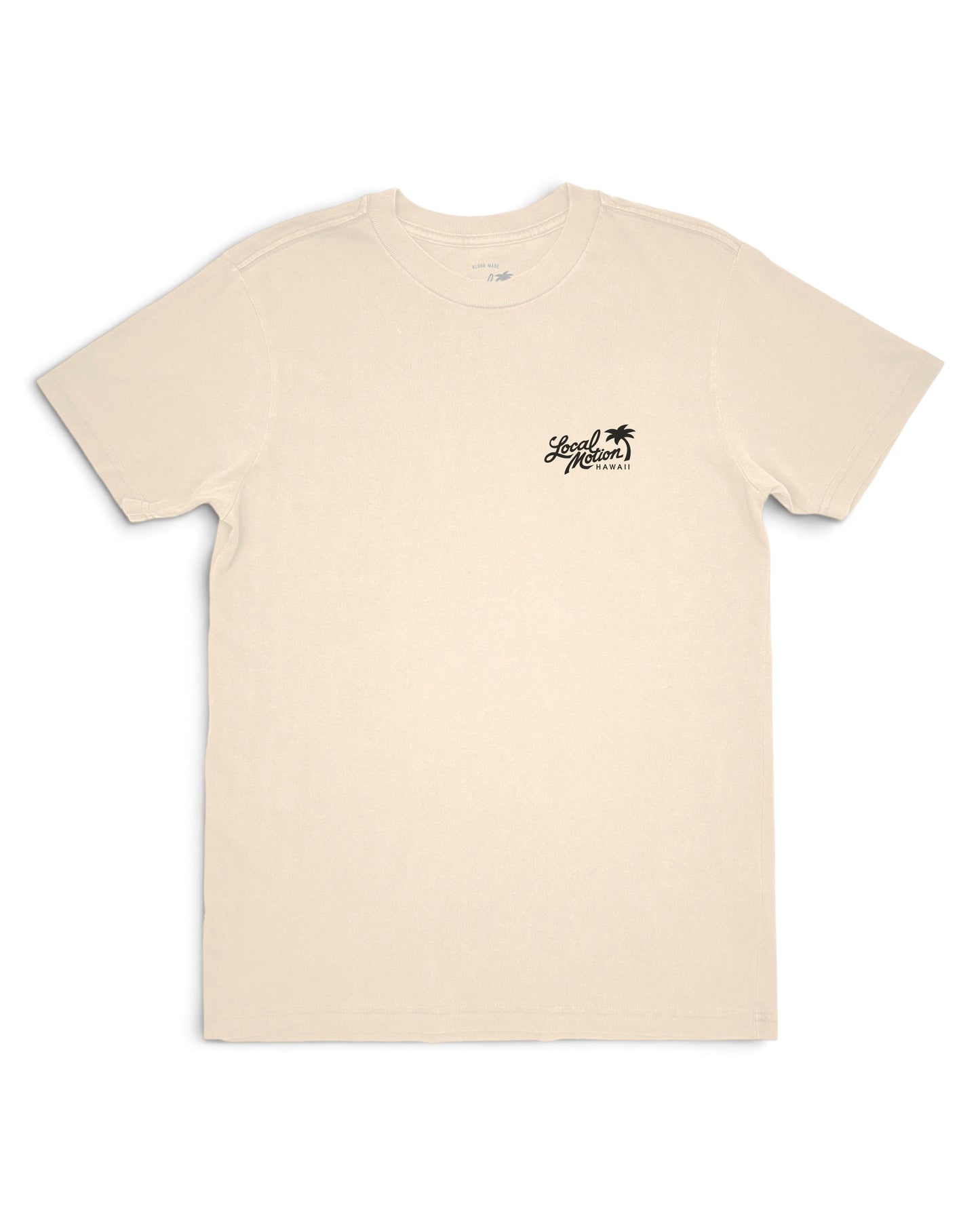 A light beige crewneck t-shirt with a small black graphic on the left chest featuring palm trees [parchment]