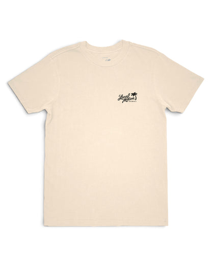 A light beige crewneck t-shirt with a small black graphic on the left chest featuring palm trees [parchment]