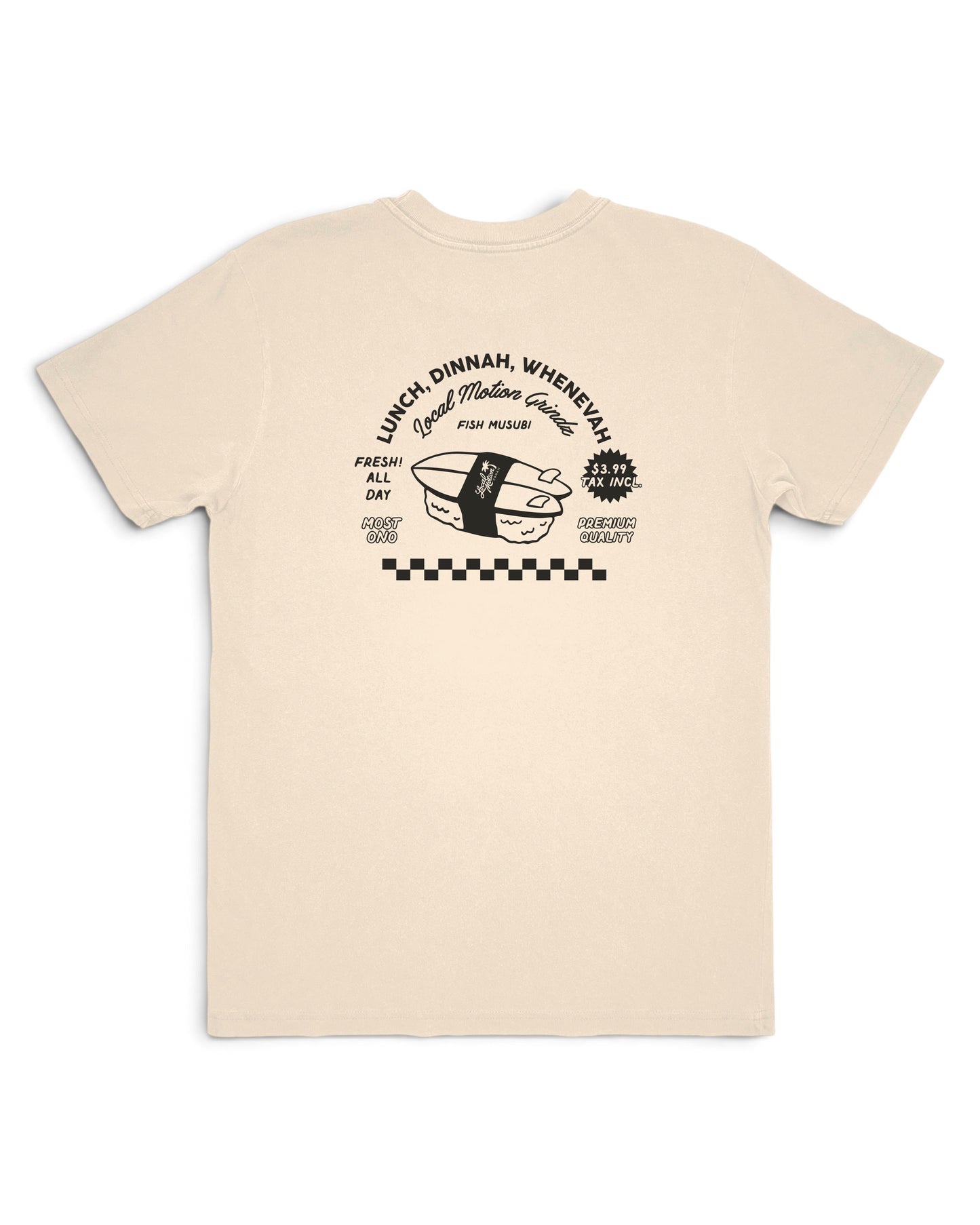 A beige short-sleeve t-shirt with a black graphic print on the back [parchment]