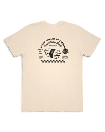 A beige short-sleeve t-shirt with a black graphic print on the back [parchment]