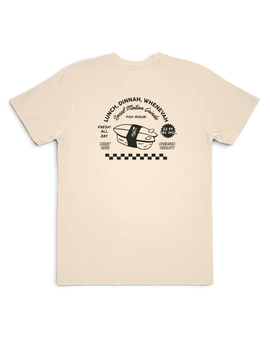 A beige short-sleeve t-shirt with a black graphic print on the back [parchment]