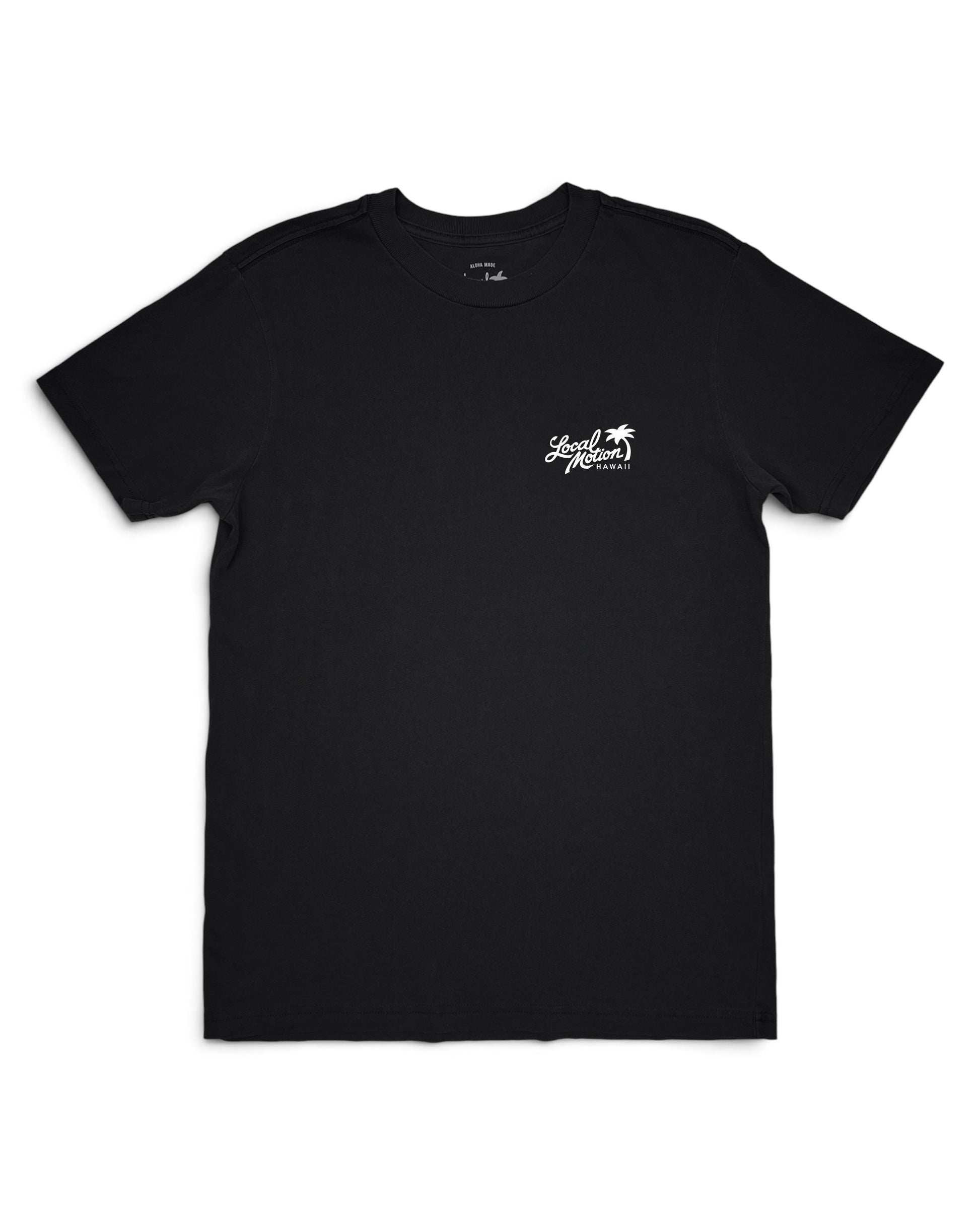 A black short-sleeve crewneck t-shirt with a small white graphic [black]
