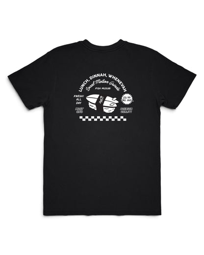 Black t-shirt with guitar graphic and humorous text on a white background [black]