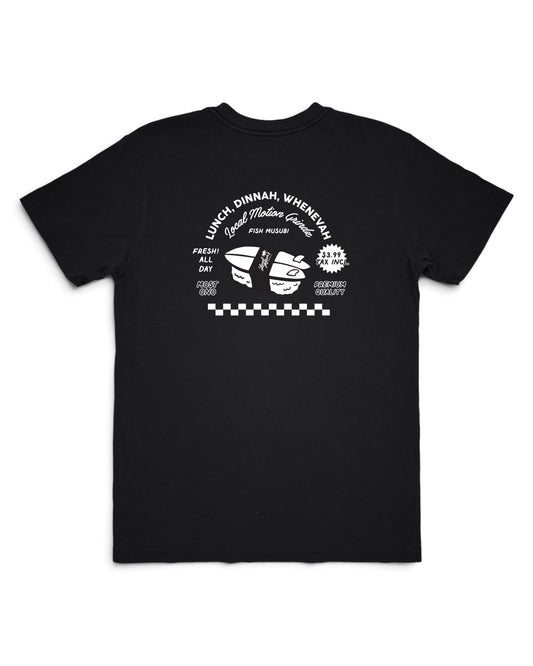 Black t-shirt with guitar graphic and humorous text on a white background [black]