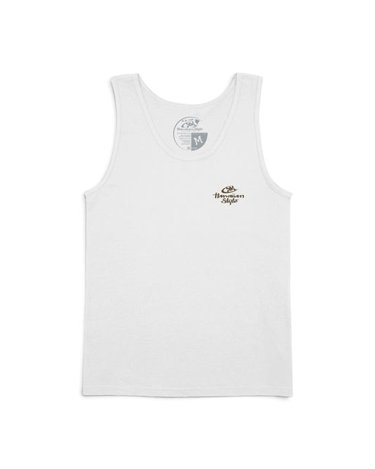 A white sleeveless tank top with a small  logo on the left chest