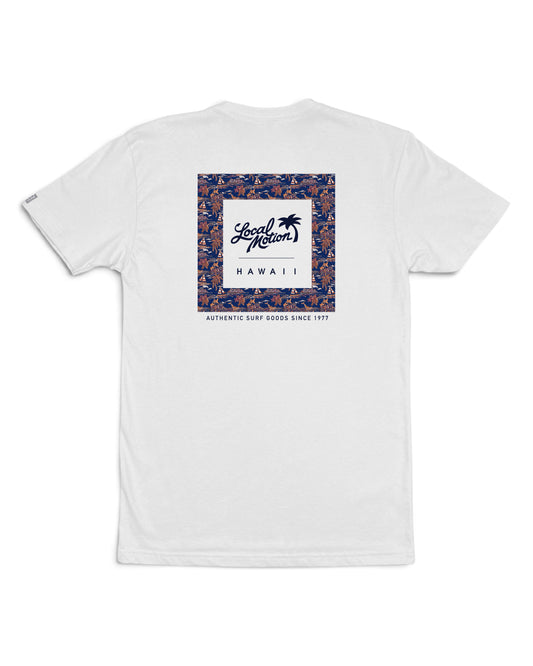 A white short-sleeve t-shirt shown from the back, featuring a large graphic print in the center. [white]