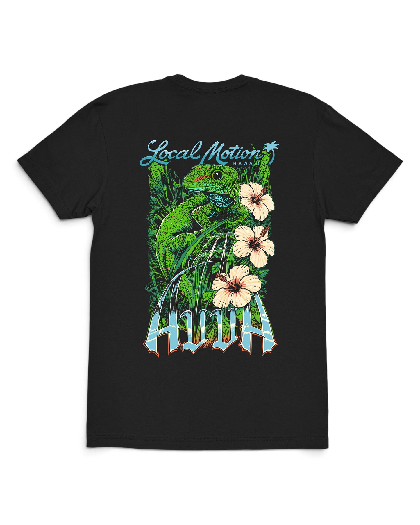 A black short-sleeve t-shirt with a large graphic print on the front featuring a green gecko, hibiscus flowers [black]