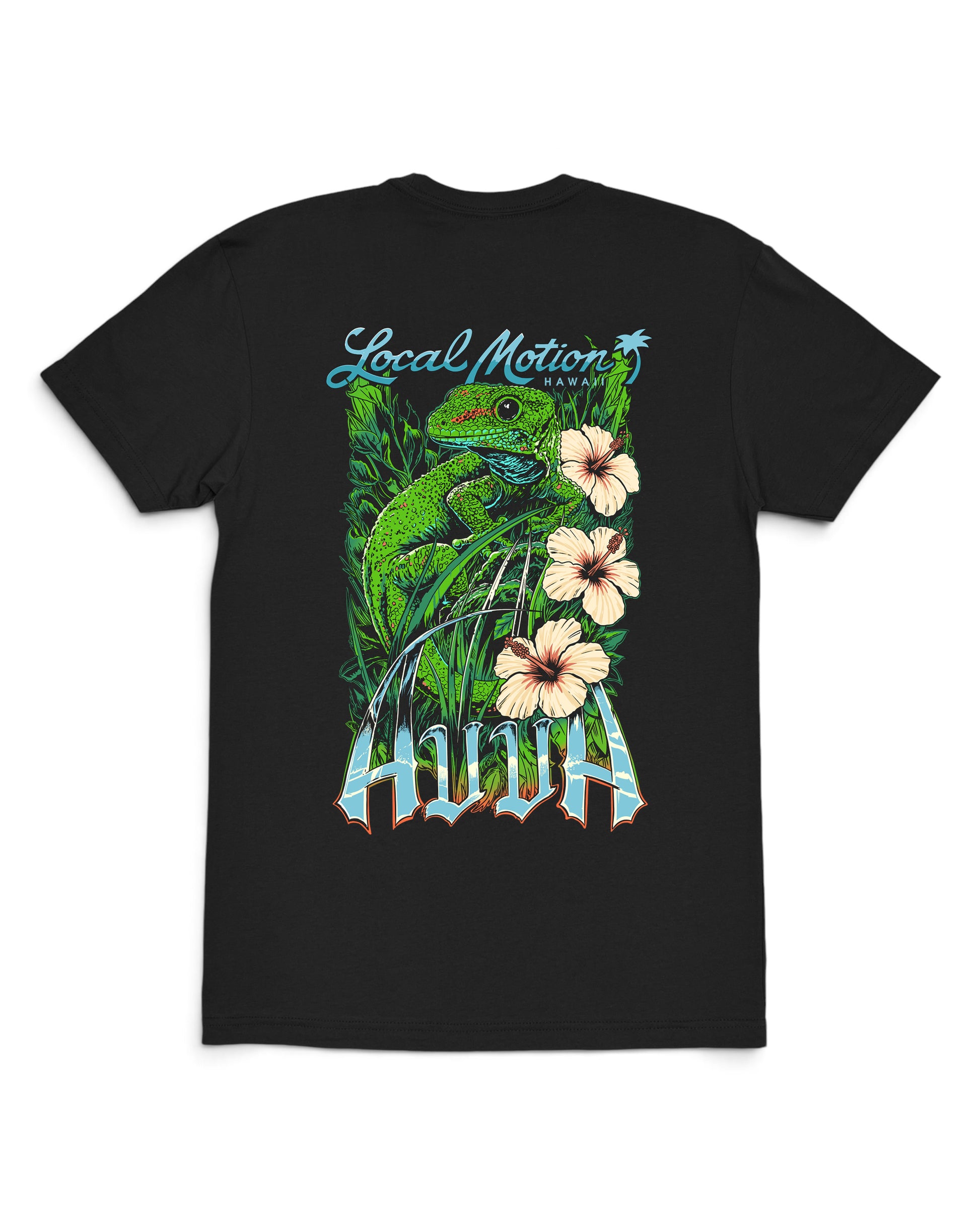 A black short-sleeve t-shirt with a large graphic print on the front featuring a green gecko, hibiscus flowers [black]