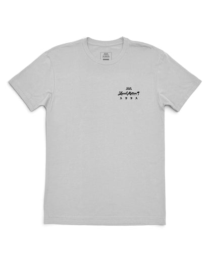 A light gray short-sleeve crewneck t-shirt with a small black graphic on the left chest [silver]