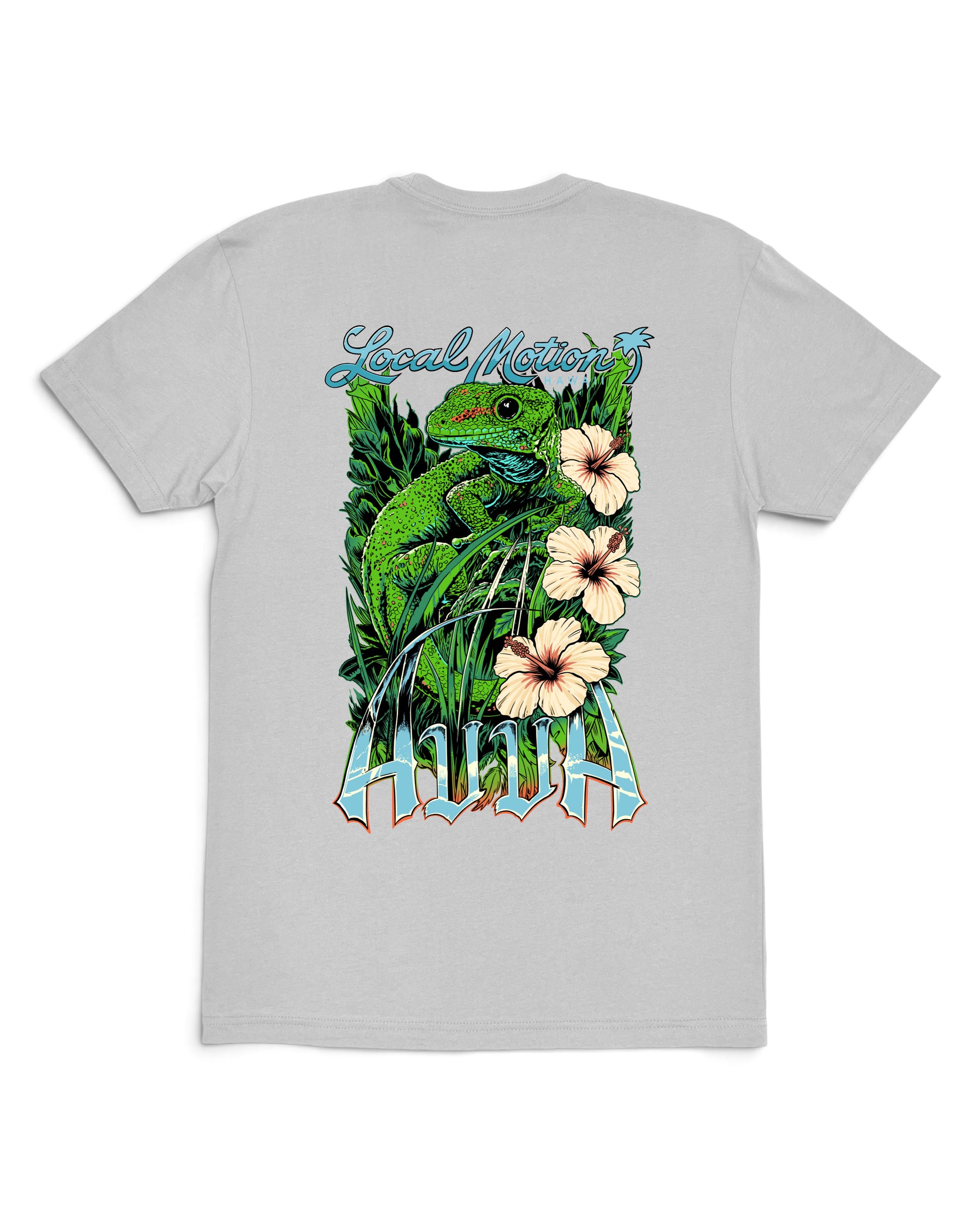 A light gray short-sleeve t-shirt with a large graphic print on the front. The graphic features a green iguana surrounded by tropical leaves [silver]
