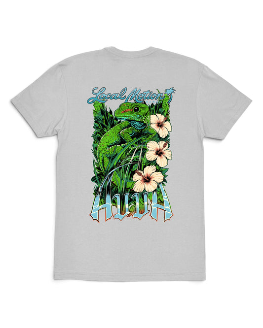 A light gray short-sleeve t-shirt with a large graphic print on the front. The graphic features a green iguana surrounded by tropical leaves [silver]