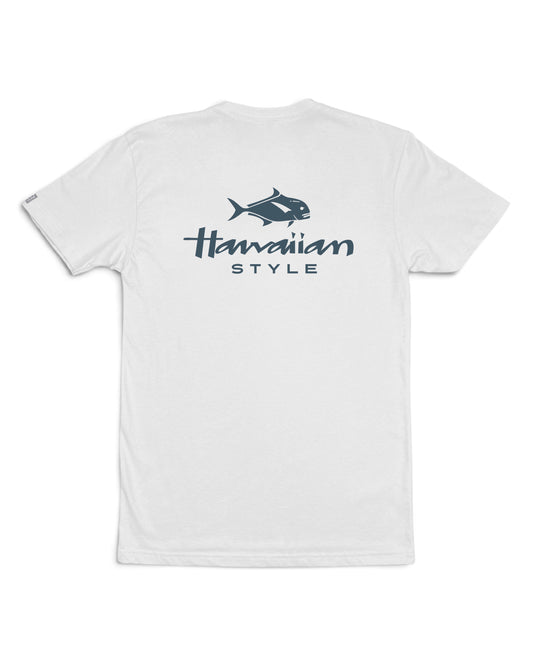 A fish logo graphic on a white tee [white]