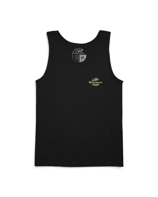 A logo on front chest of black shirt [black]